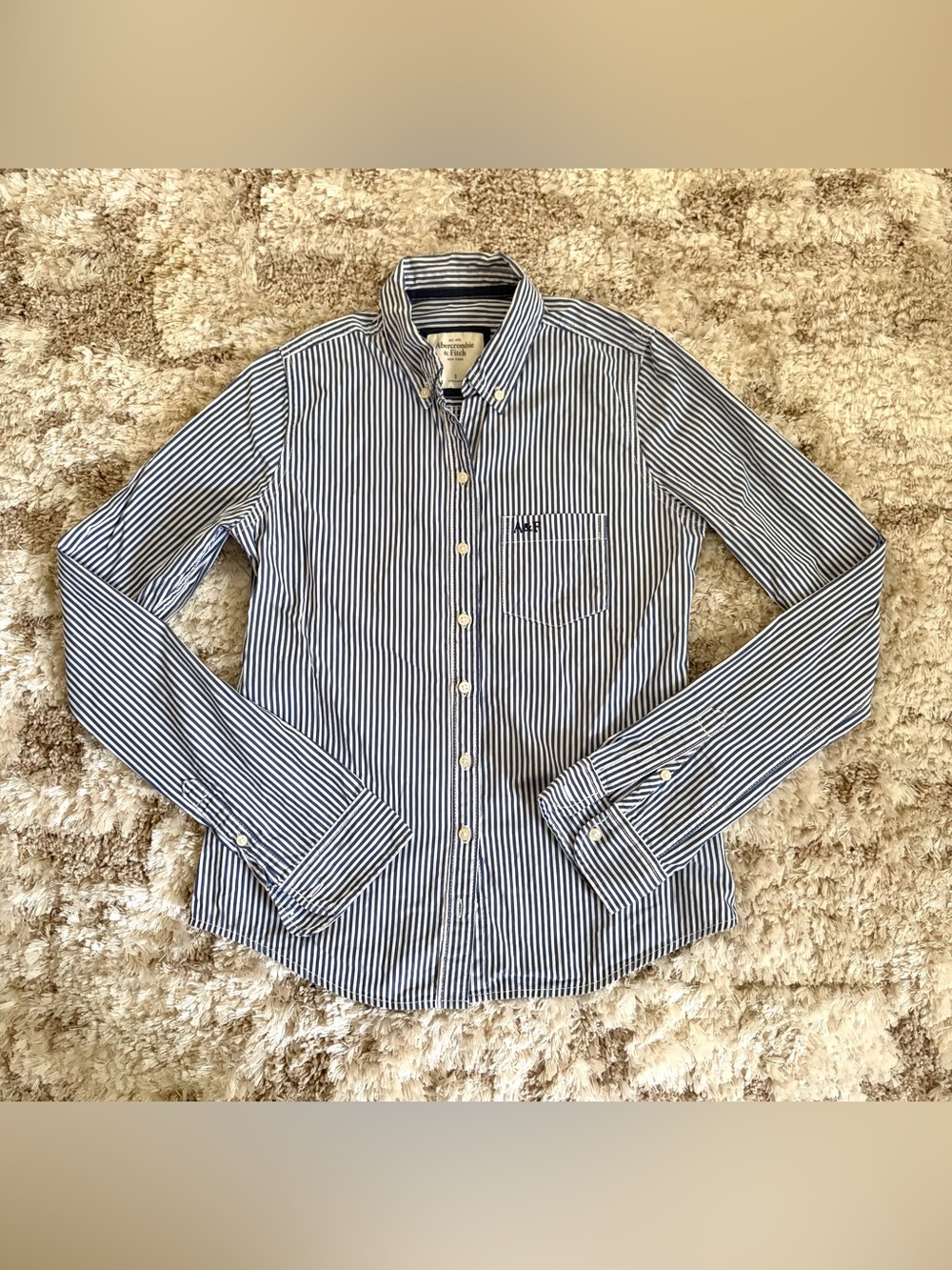 Abercrombie & Fitch Women’s Navy and White Stripe Button-Down Shirt